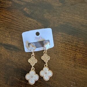 Gold and White Floral Dangle Earrings